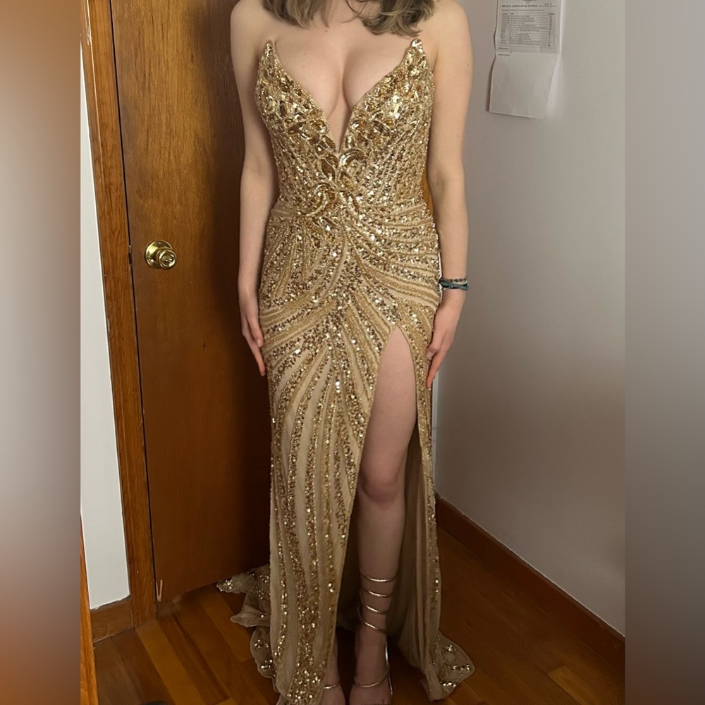 ashley lauren gold sparkly prom dress
